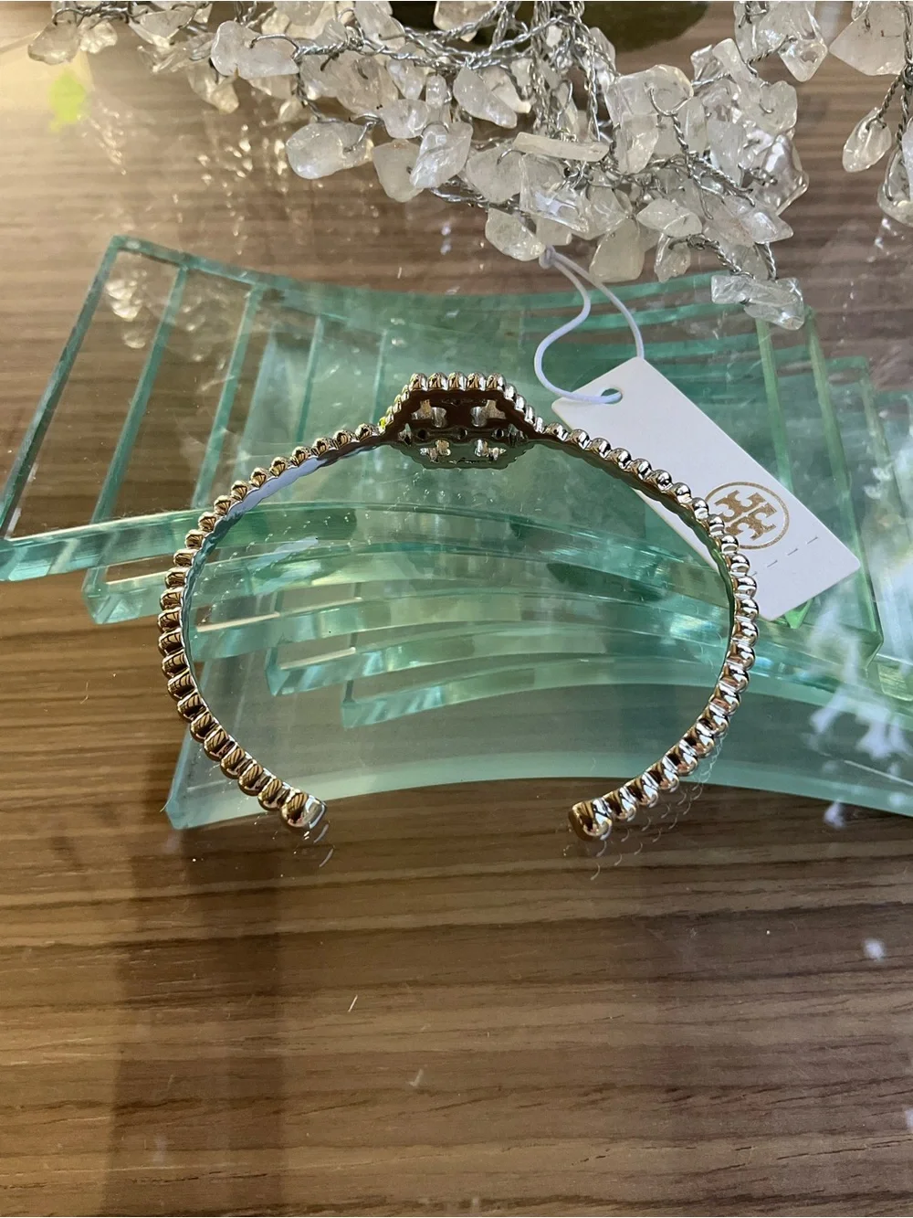 Tory Burch Silver Hexagon Logo Rope Cuff Bracelet